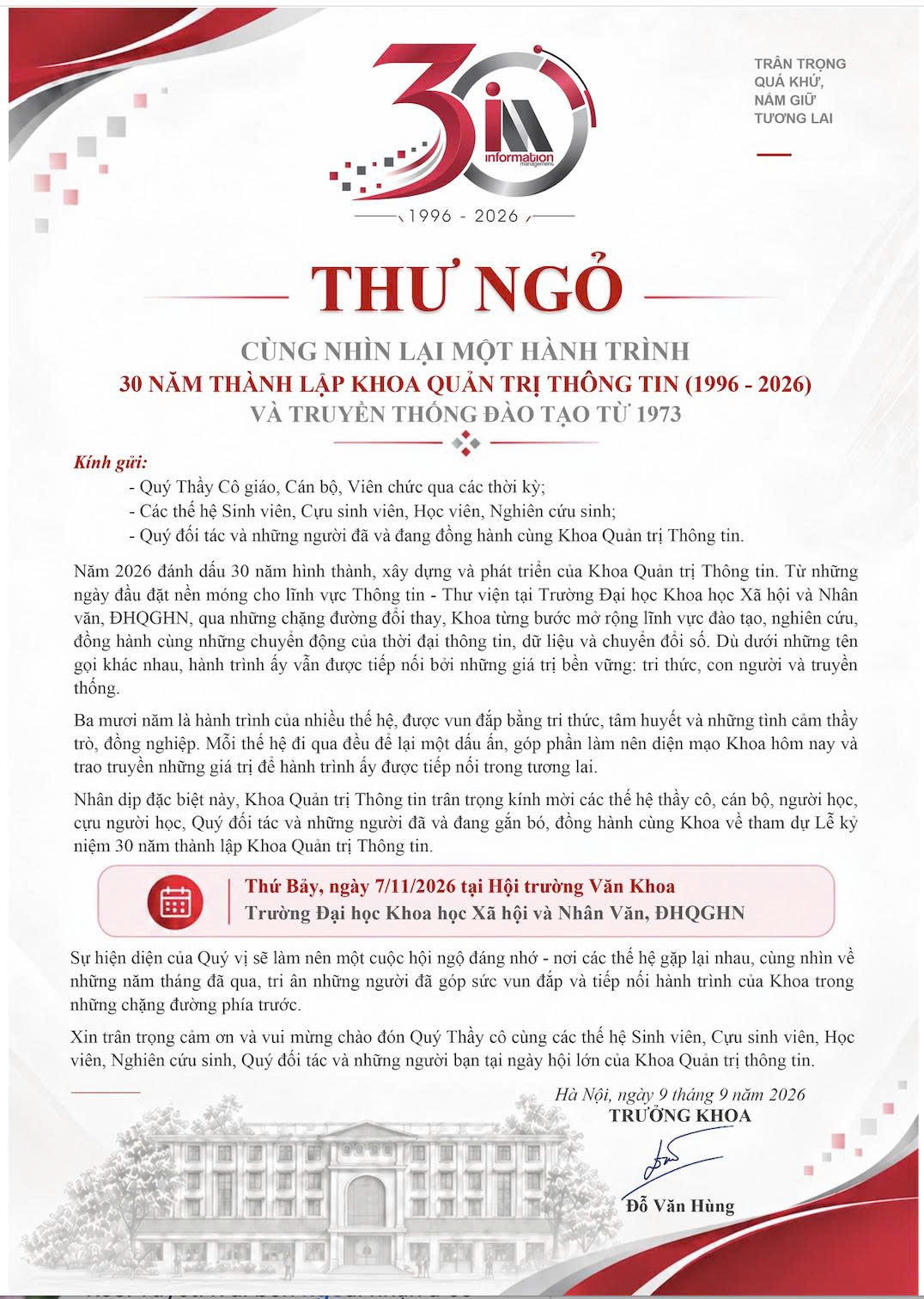 Thư ngỏ Trưởng khoa Quản trị Thông tin - PGS.TS Đỗ Văn Hùng